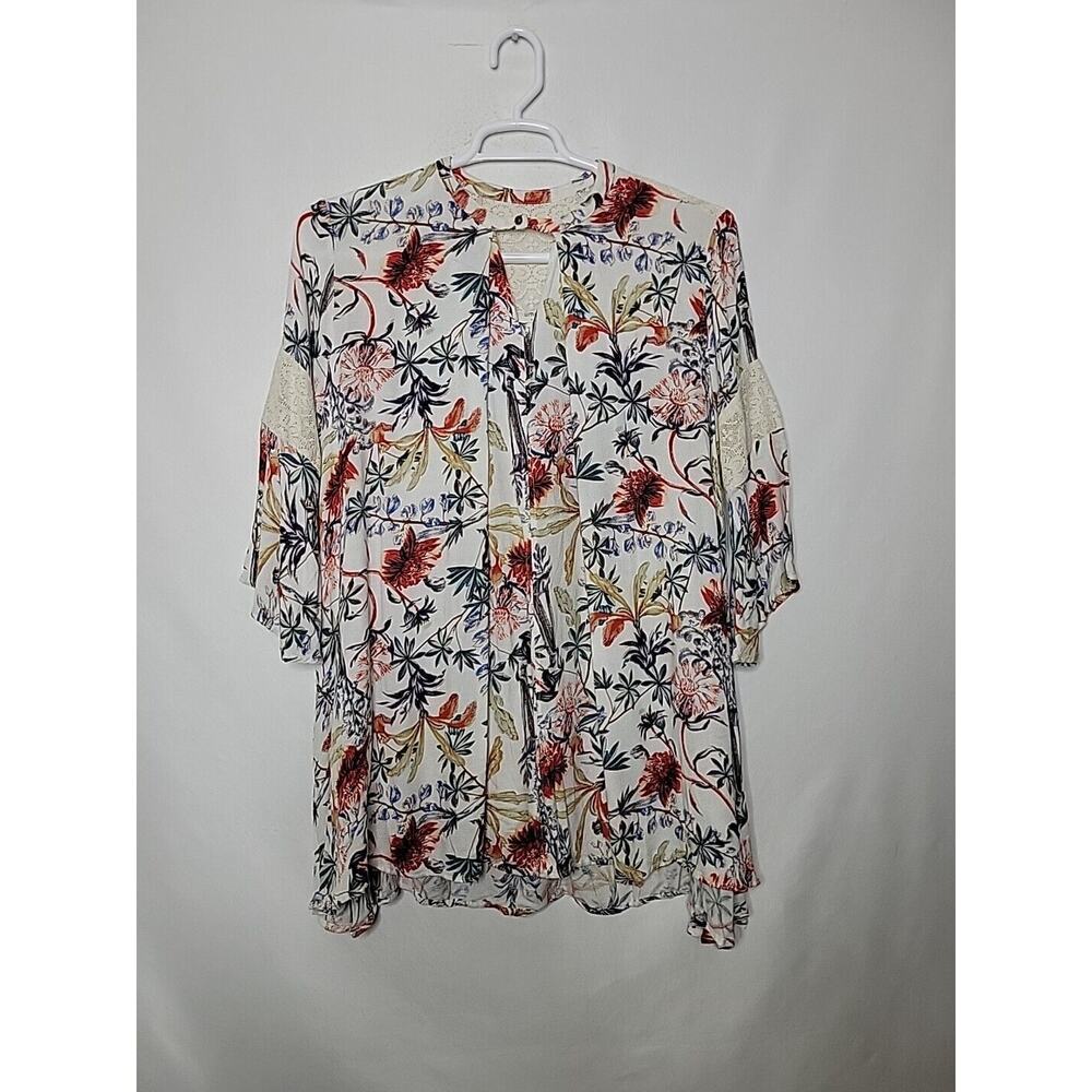 Umgee White Floral Crochet 3/4 Sleeve Oversize Keyhole Tunic Women's Size Medium
